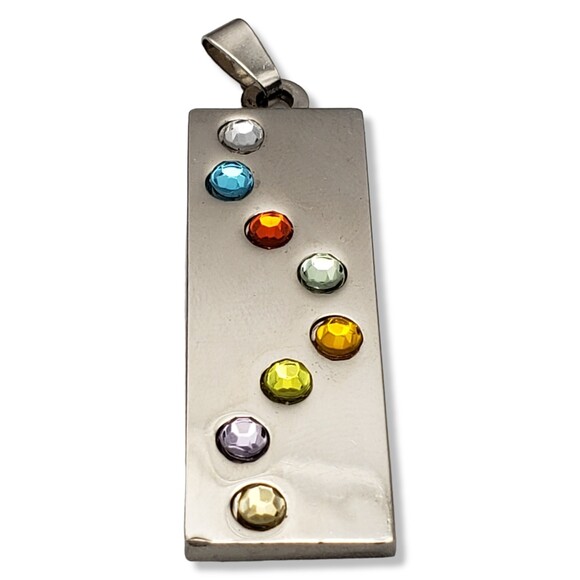 Silver Tone Rectangular Bar Multi Color Rhinestone Pendant - Picture 1 of 8